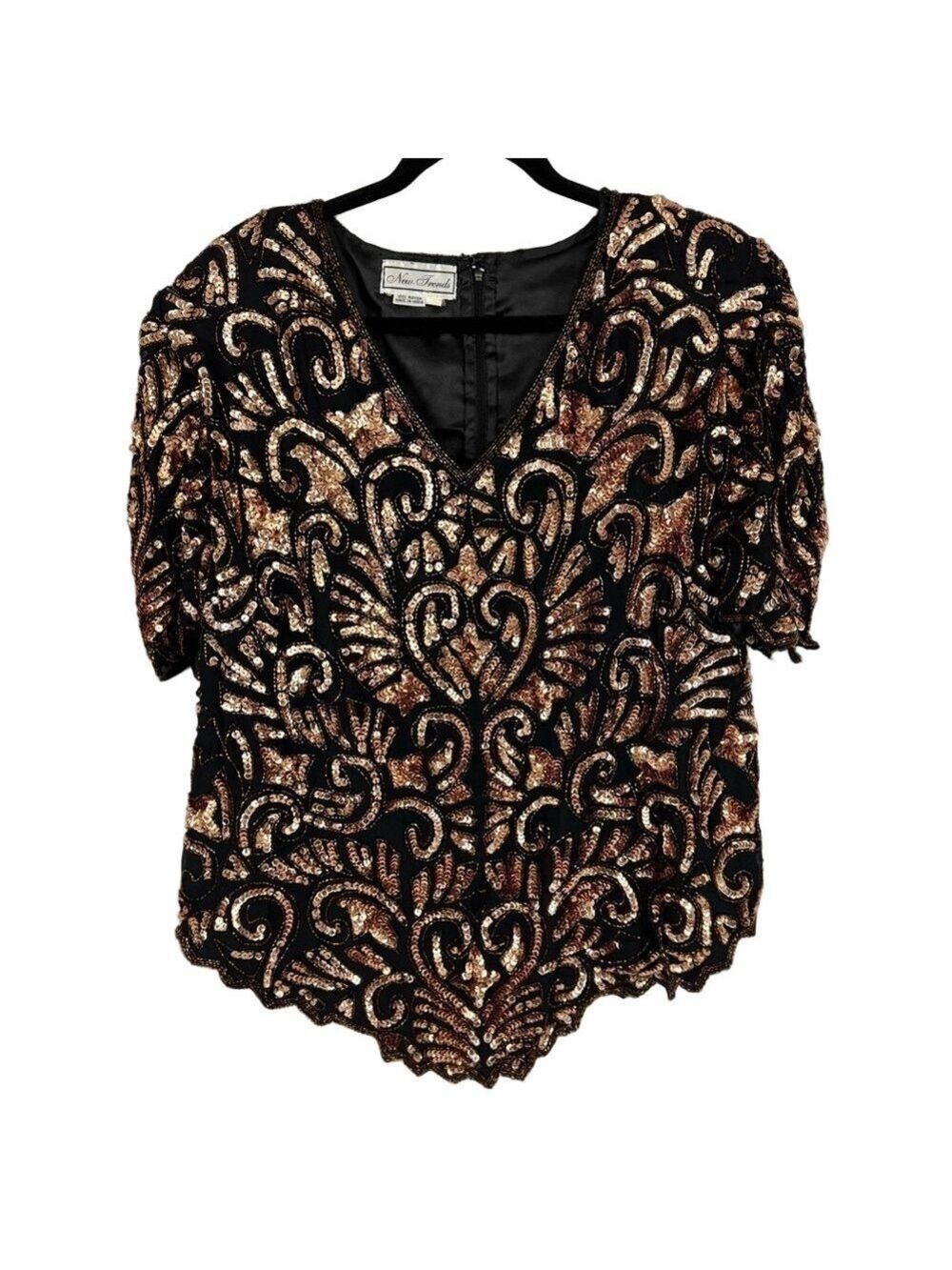Adrianna Papell Black Gold Sequin Blouse Top Women’s XL Vintage 80s